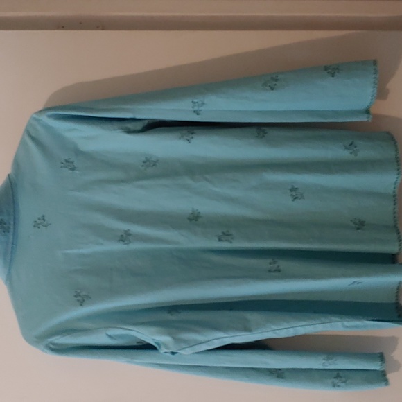 Women's long sleeve pale turqoise blue cotton blouse with machine embroidery - Picture 2 of 5